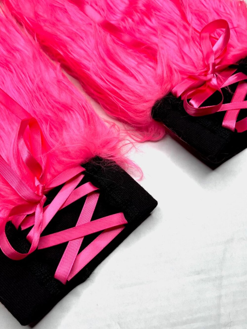 Corset Leg Warmers Pink Faux Fur Boot Covers Knee Highs Lace Up Fuzzy Pants Rave